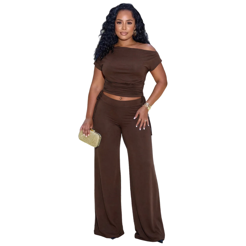 Naomi Pleated Asymmetric Neckline TWo Piece Sets