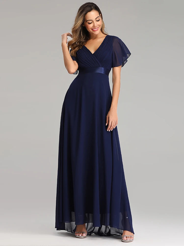 Kerney Elegant V Neck Ruffles Chiffon Formal Evening Gown Dress