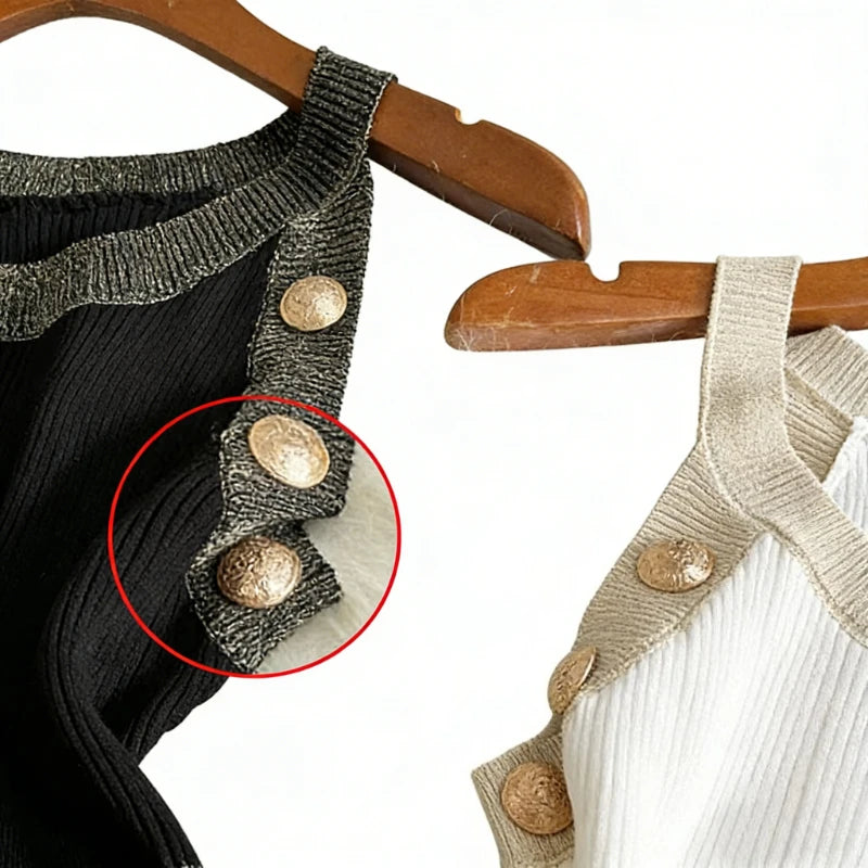 Milford Sleeveless Halter Neck Gold Button Detail Contrast Stretchy Ribbed Knit Bodycon Mini Dress