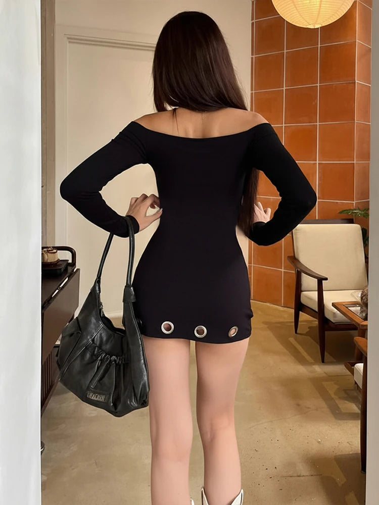 Fords Rivet Metal Hollow Sexy Slash Neck Patchwork Full Sleeve Basic Bodycon Dress