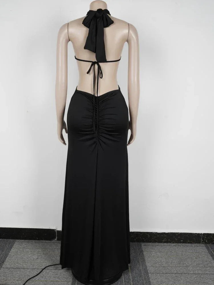 Hoosick Falls Halter V Neck O Rings Long Glam Sexy Backless Ruched Maxi Dress
