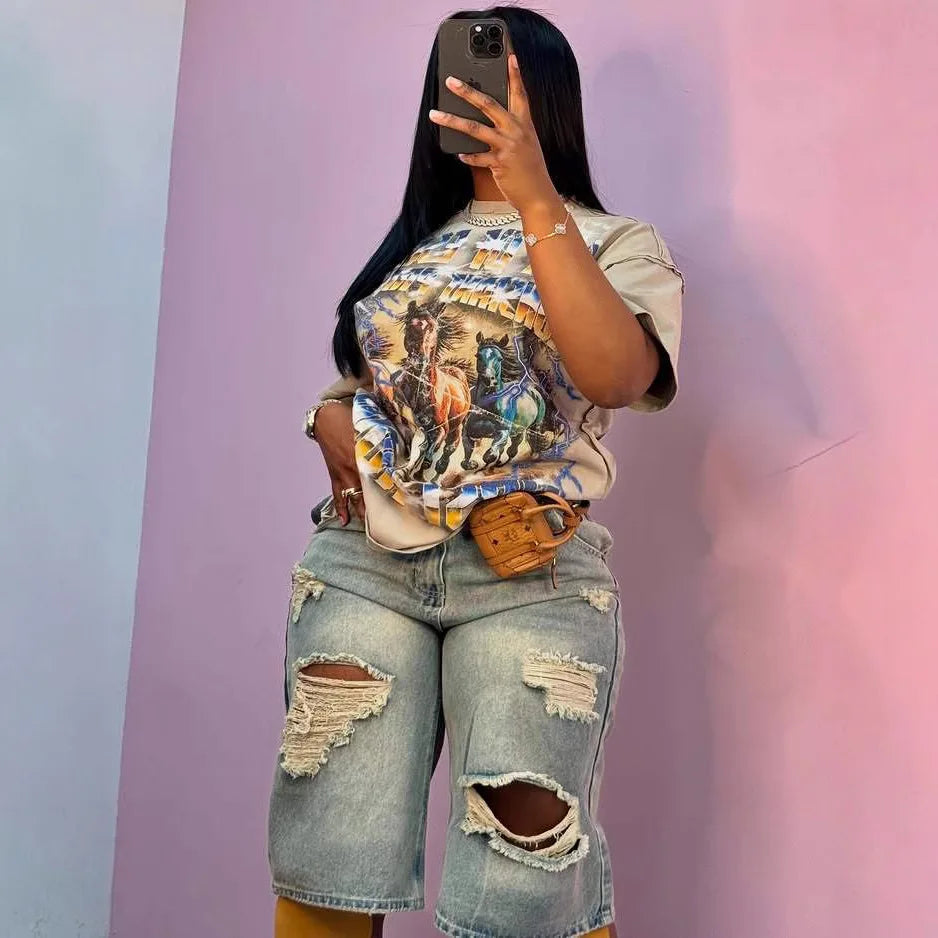 Stacy High Waisted Loose Vintage Ripped Denim Mid-length Straight-leg Denim Shorts