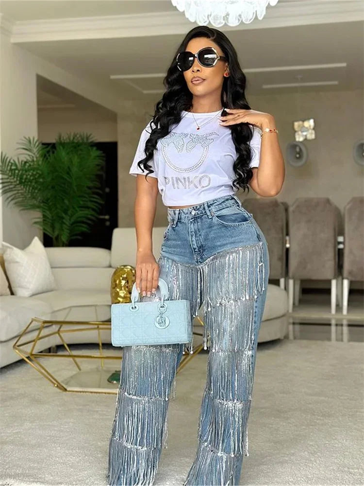 Nazareth High Waist Sequined Tassel Cargo Ripped Streetwear Jeans