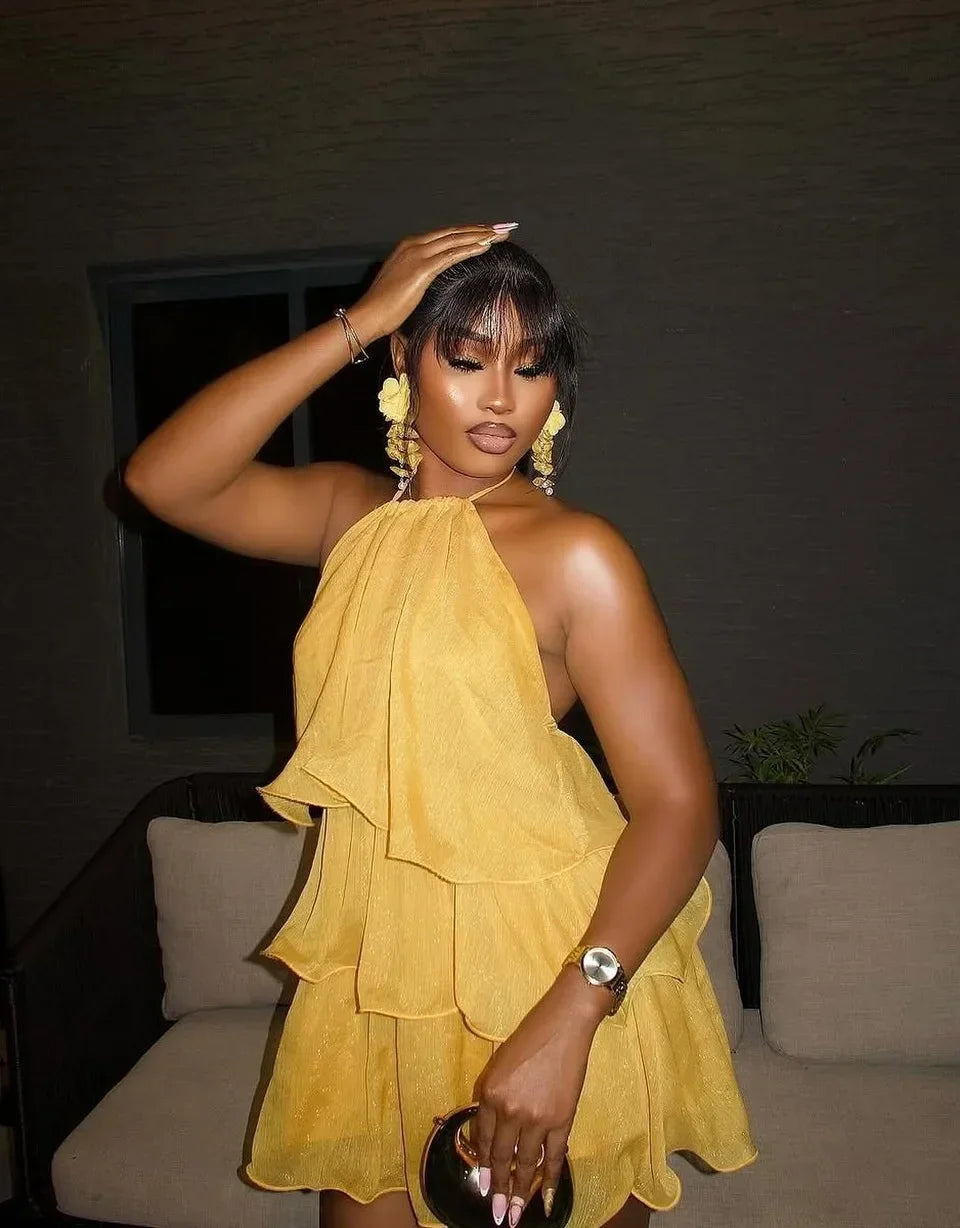 Constable Hook Backless Yellow Holiday Halter  Ruffles Tiered Mini Beach Dress