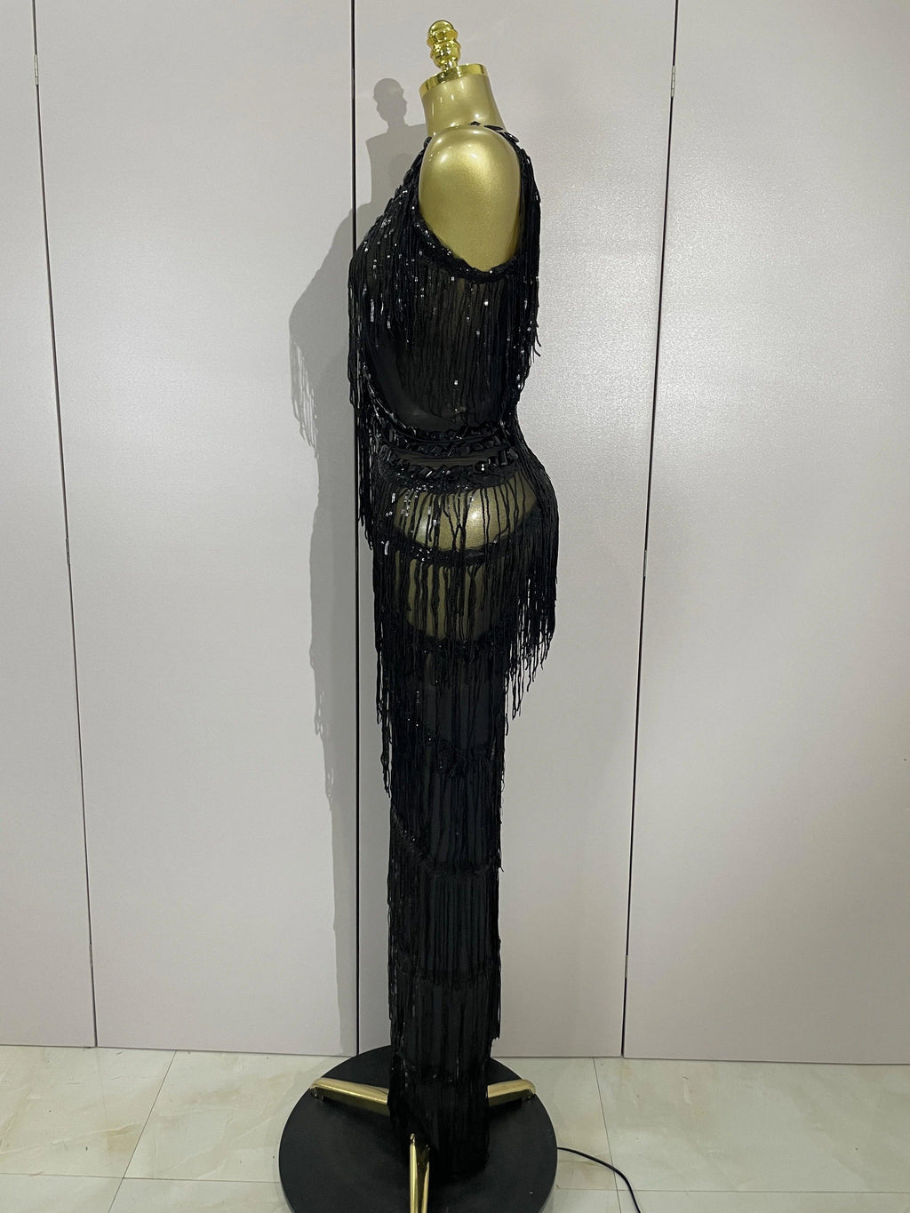 Watkin Glen Sparkly Black Rhinestones Sequined Fringe jumpsuit