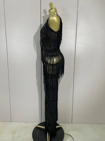Watkin Glen Sparkly Black Rhinestones Sequined Fringe jumpsuit