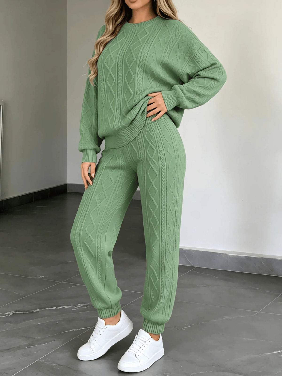 Wanda Cable Knit O‑Neck Long Sleeve Two Piece Sets