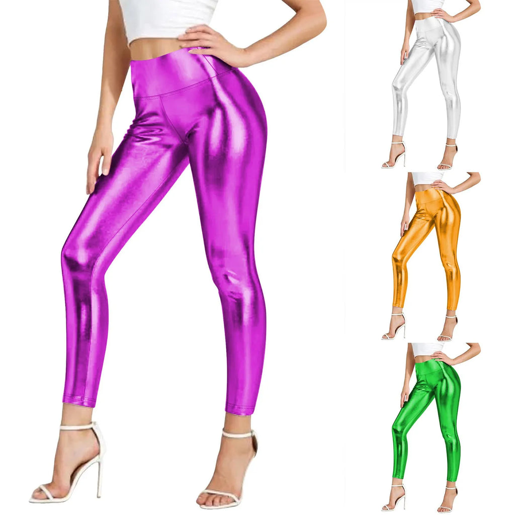Santori Shiny Faux Pu Leather Leggings Metallic High Waist Stretchy Pencil Pants