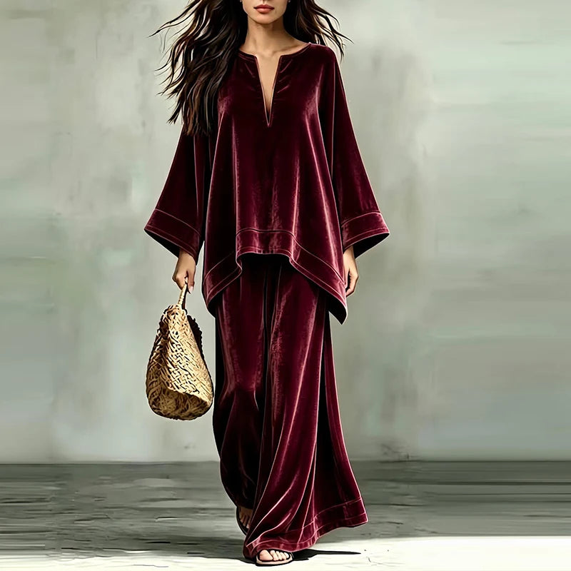 Flor Velvet V-neck Long Sleeved Two Piece Sets