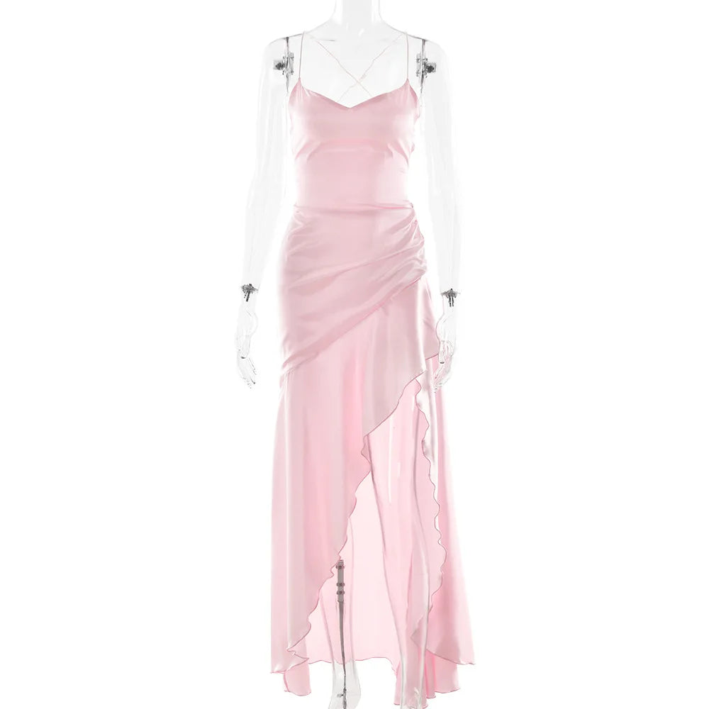 Stony Point Satin Long Dr with High Slit And Lace Trim Charming Dress