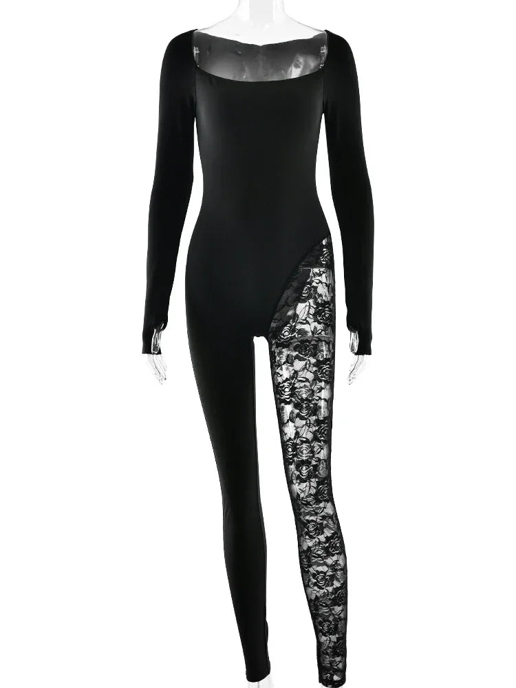 Port Chester Long Sleeve Lace Patchwork Square Collar Sexy Jumpsuits