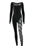 Port Chester Long Sleeve Lace Patchwork Square Collar Sexy Jumpsuits