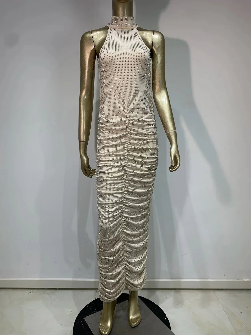 Yaphank Sleeveless Diamonds Backless Ruched Beige Maxi Long Dress