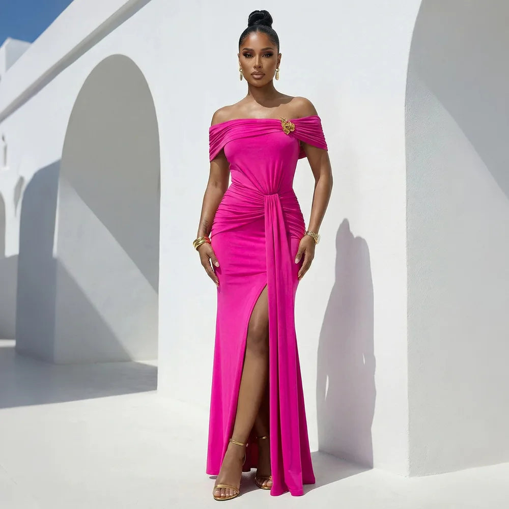La Cuava Slash Neck Ribbon Elegant Sleeves Long Sexy Maxi Dress
