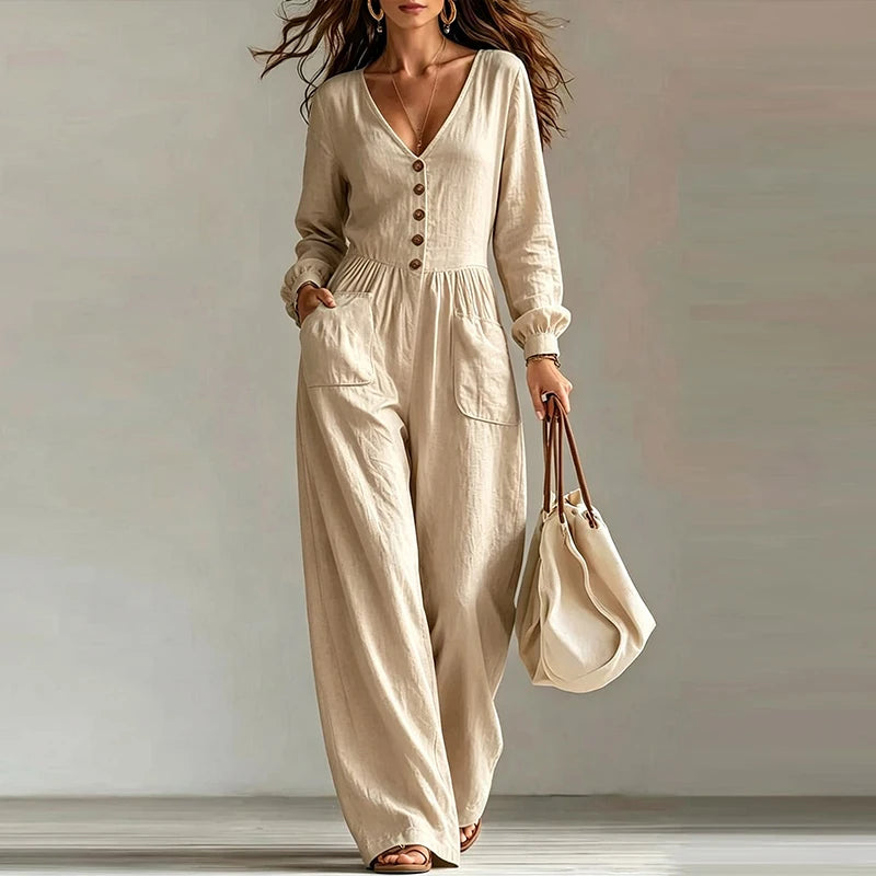 Elegant Woman Jumpsuit V Neck Long Sleeve Button Playsuits Female Casual Overalls White Long Jumpsuits For Women Outfits White