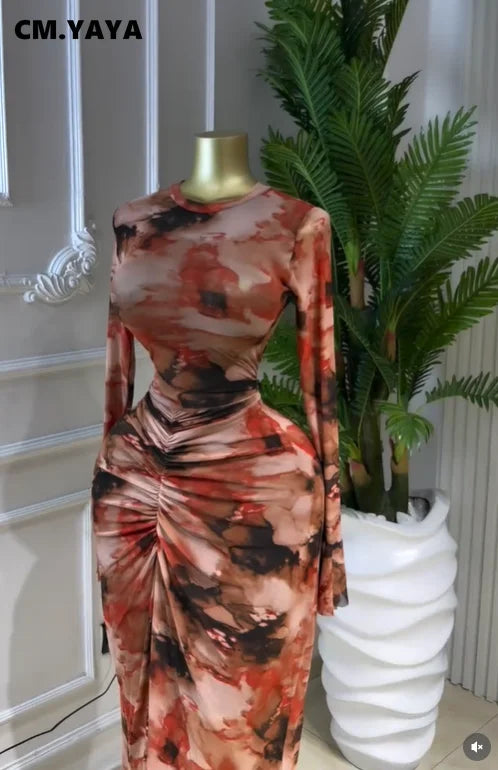 Lebanon Print O Neck Ruched Stacked Bodycon Long Maxi Dress