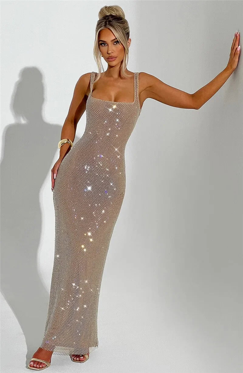 Bellport Sequins Backless Gown Sparkle Square Collar Sleeveless Bodycon Long Dress