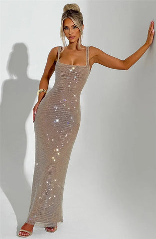 Bellport Sequins Backless Gown Sparkle Square Collar Sleeveless Bodycon Long Dress