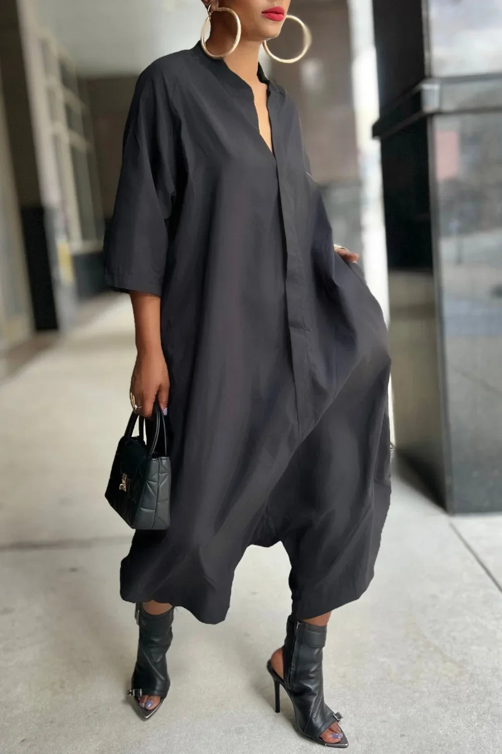 Women Plus Size Jumpsuit Business Casual Black Pocket Harem Rompers Single