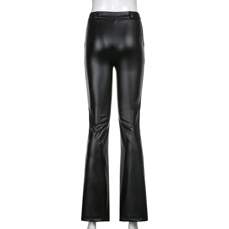 StanhopePU Flared Pants Y2k Button High Waisted Night Club Outfits Casual Trousers