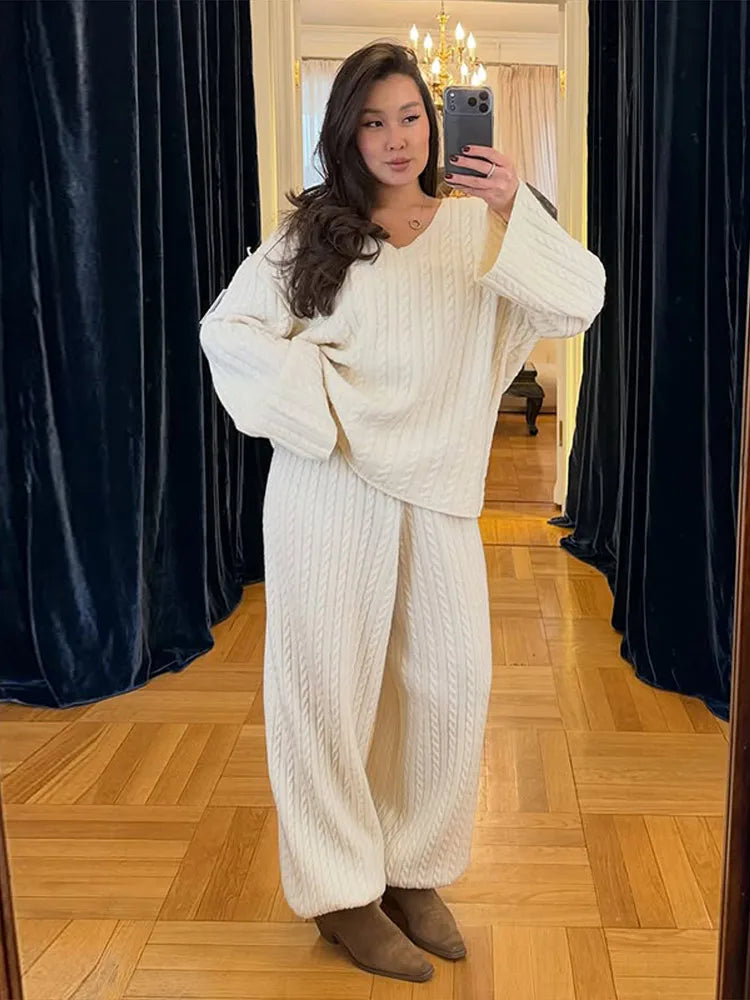 Pamela V Neck Cable Knit Wide Leg Two Piece Sets