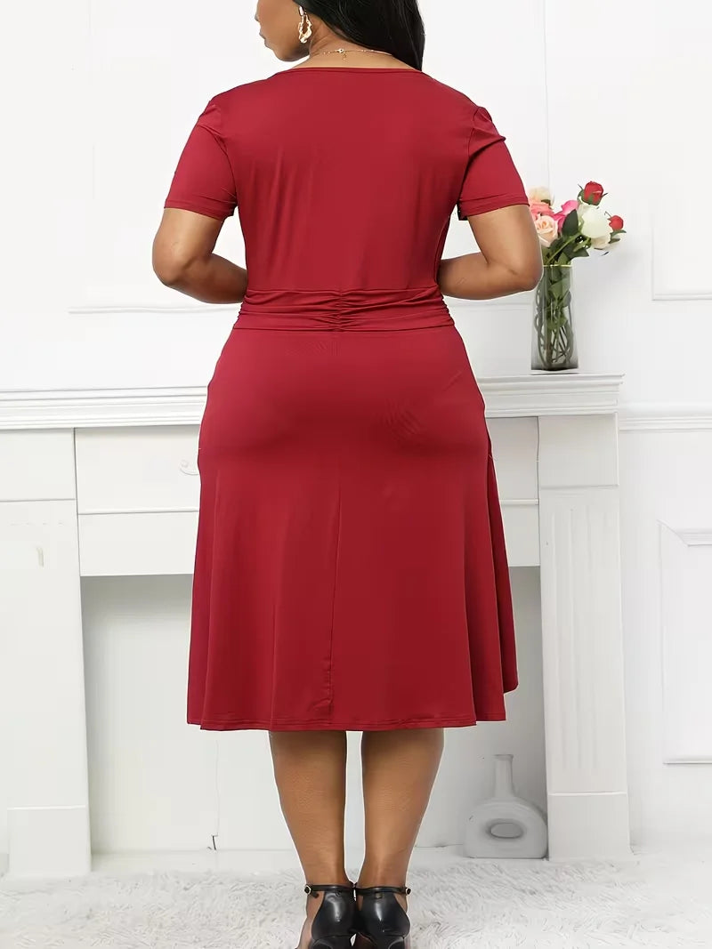 Plus Size Elegant Square Neck Casual Fit And Flare Solid Color Cocktail Party Midi Dress