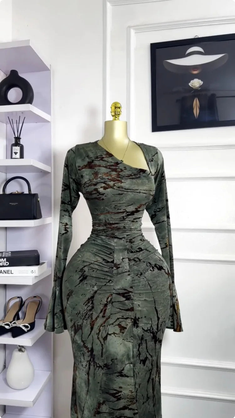 Vermella Printed Skew Neck Flare Long Sleeve Ruched Long Dress