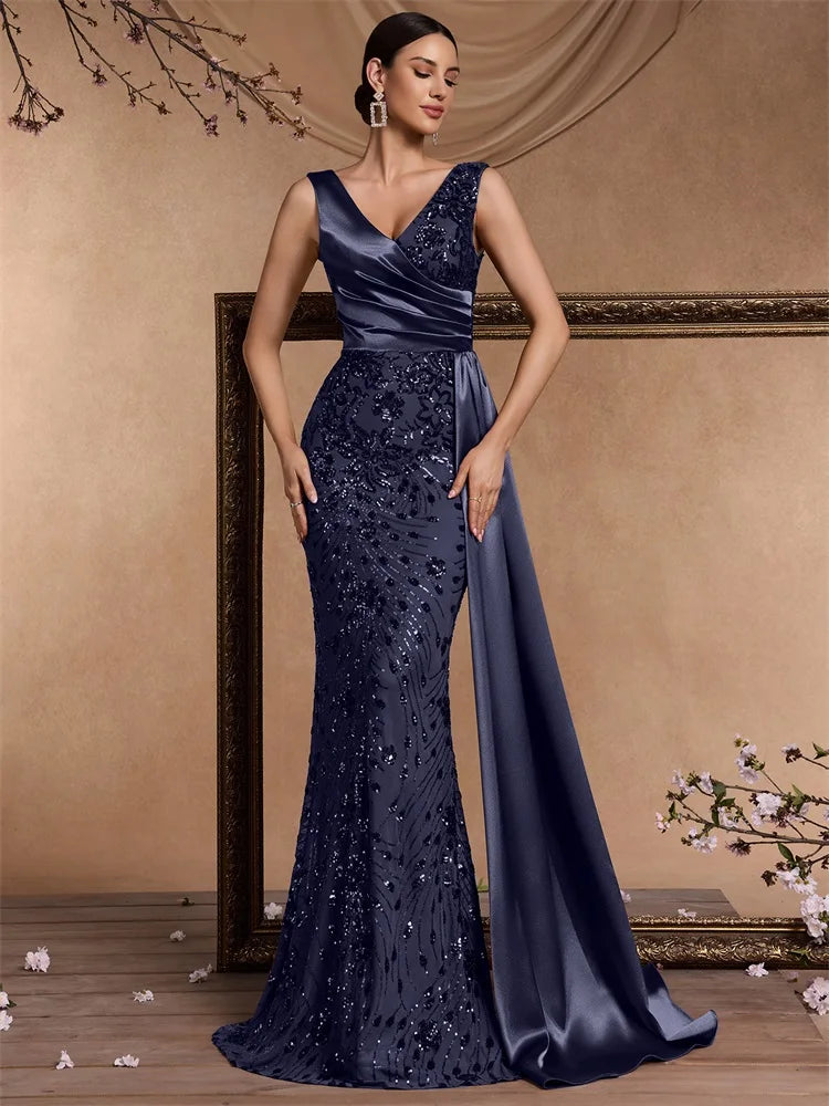Puebla Elegant V Neck Splice Ribbons Sequins Sleeveless Mermaid Formal Dress