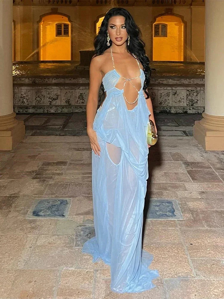 Pine Plains Sexy See Through Luxury Chain Halter Low Neck Backless Dress