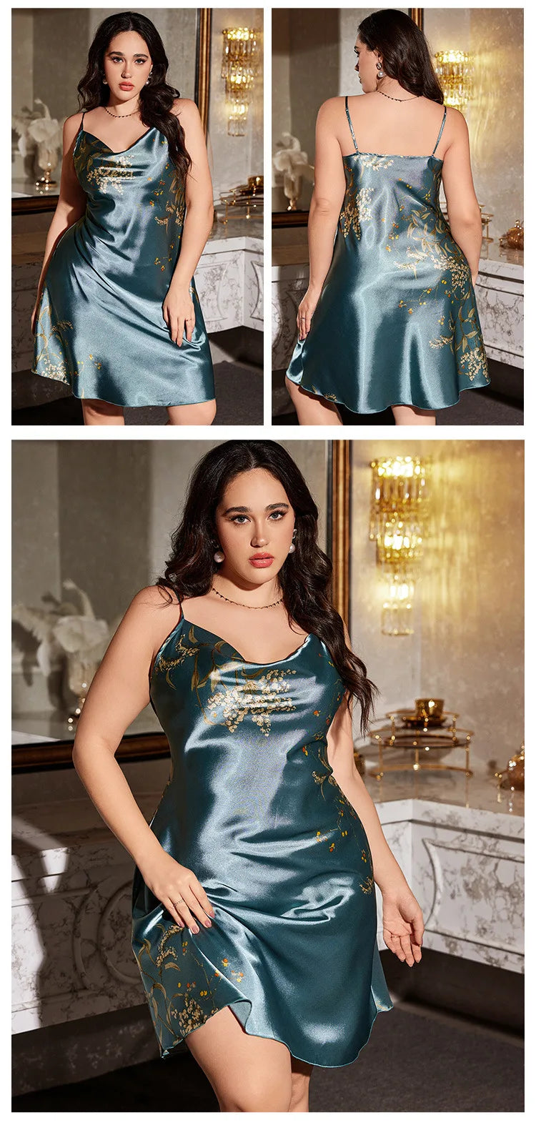 British Plus Size Soft Silk-Like Slip Sexy Printed Minimalist Loose Dress