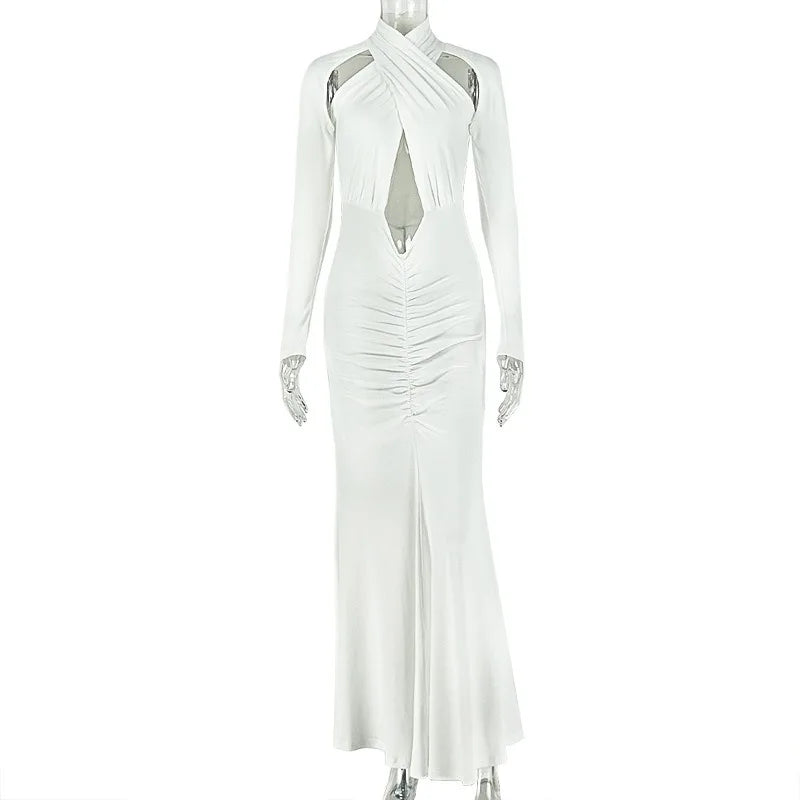 Bedford Turtleneck Hollow Out Chest Wrapped Long Sleeve Pleated Bodycon Long Dress