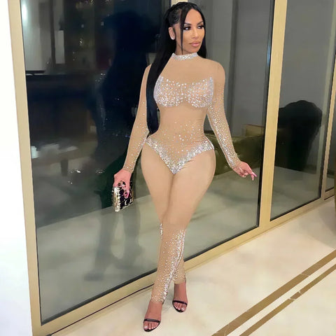 Union Square Fashion Sexy Mesh Perspective Hot Drill Long Sleeve Jumpsuit