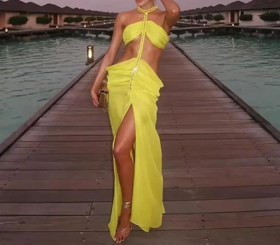 Grand Remous Irregular Low Waist Slit Sleeveless Hanging Neck Chain Chiffon Dress