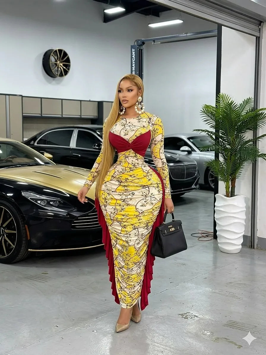 Kukutan O-neck Long Sleeve Floral Print Ruched Ruffles Long Maxi Dress