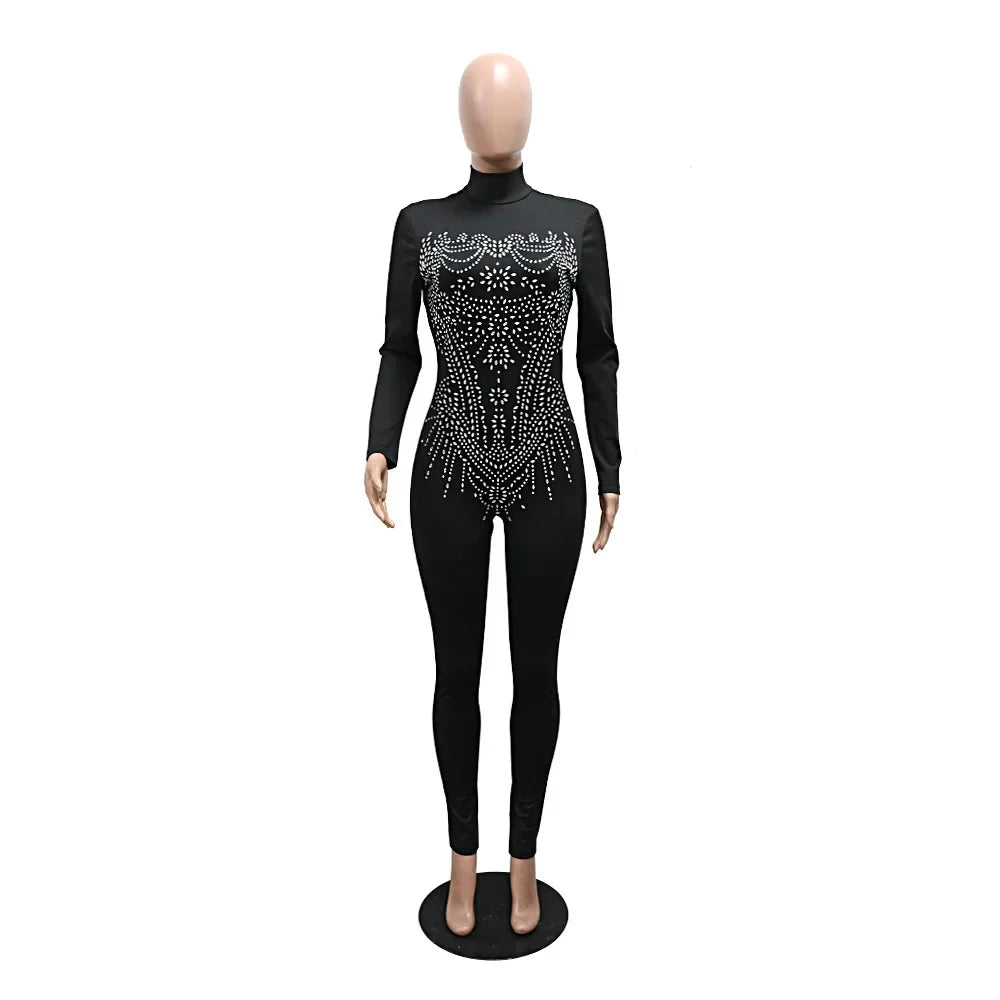 Upper East Sexy Rhinestone Patchwork Solid See Through Sparkling Jumpsuit