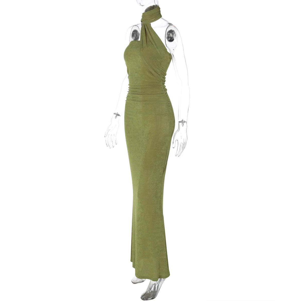 Chicago Halter Solid Sleeveless Backless Ruched Sexy Bodycon Maxi Prom Dress