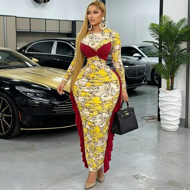 Kukutan O-neck Long Sleeve Floral Print Ruched Ruffles Long Maxi Dress