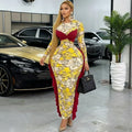 Kukutan O-neck Long Sleeve Floral Print Ruched Ruffles Long Maxi Dress