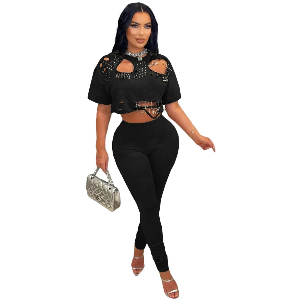Prospect Hollow Out Hole Pin Sleeve Tide Outfit Tracksuit Two Piece Set