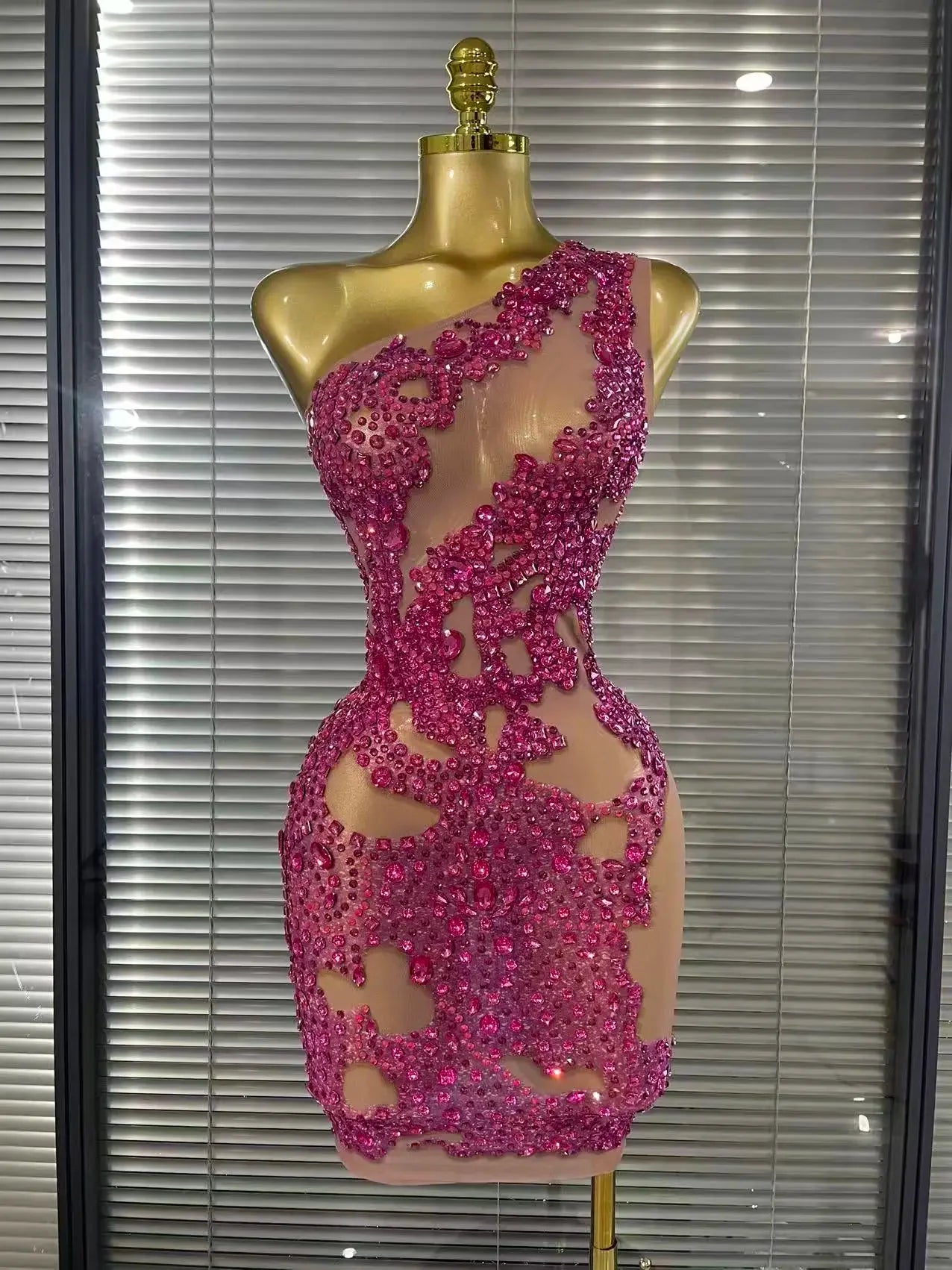 Harper Ferry Shining Rosered Crystal Sexy One Shoulder Mesh See Through Bodycon Mini Dress