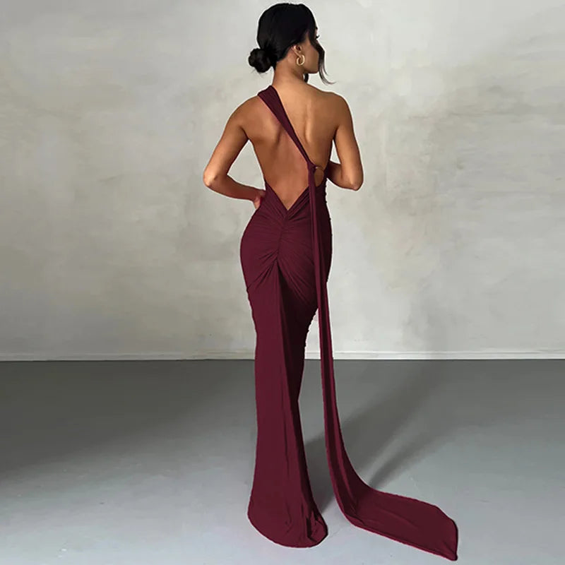 Jefferson One Shoulder Sleeveless Backless Ruched Bodycon Maxi Dress