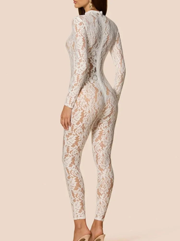 New Lots Sexy Lace Transparent Tight Long Sleeved Zipper Jumpsuit