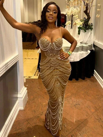 Baltimore Sparkly Crystal Rhinestone Pearl Celebrities Gown Brown Dress