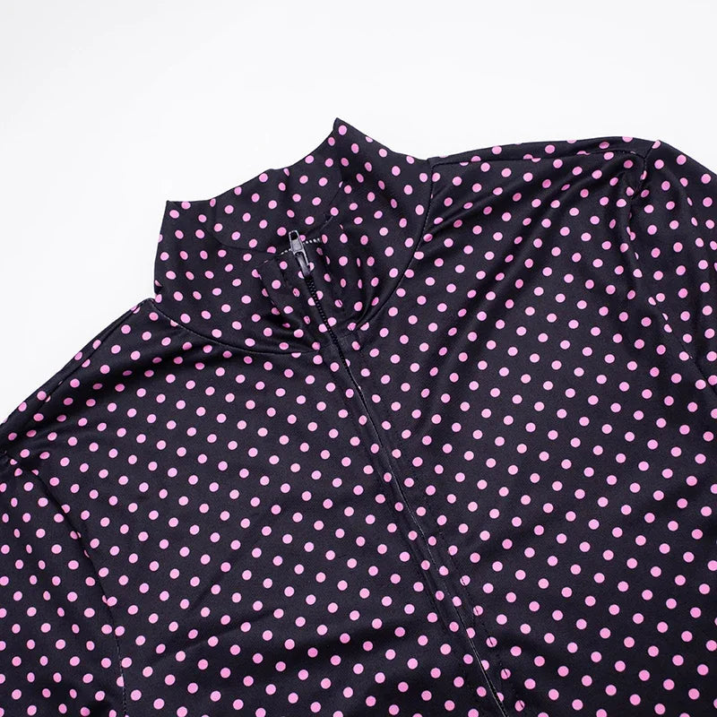 Mattituk Puss Polka Dot Print Women Tracksuit Zip Crop Two Piece Set
