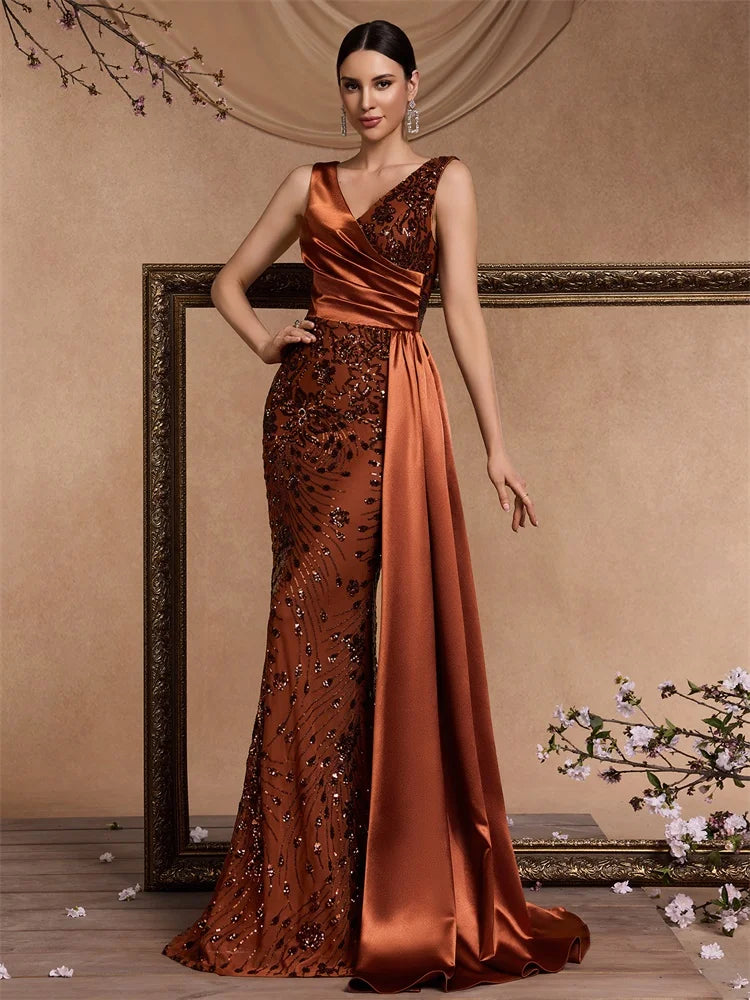 Puebla Elegant V Neck Splice Ribbons Sequins Sleeveless Mermaid Formal Dress
