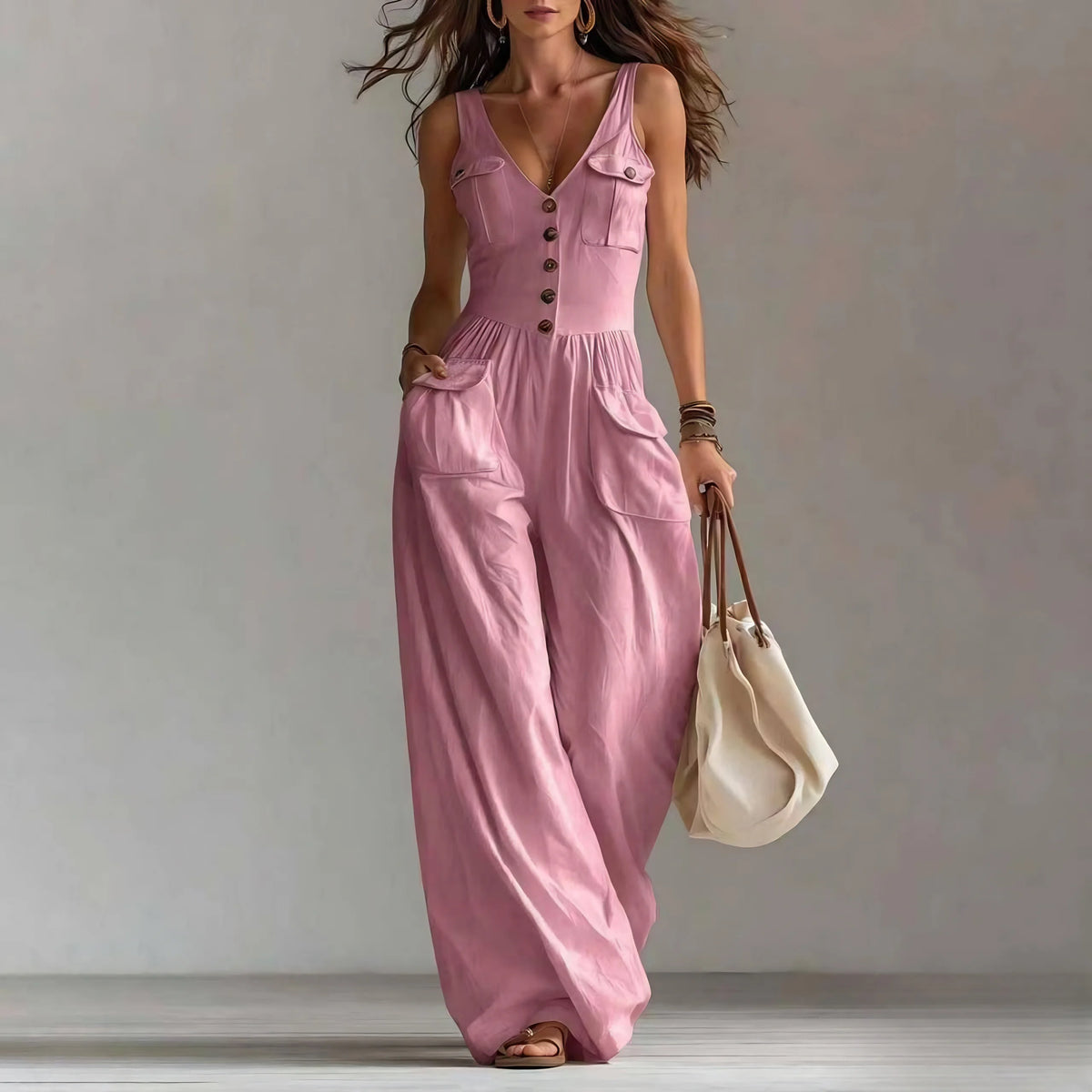 Women's Jumpsuit Featuring V-Neck, Button Decor, Wide-Leg Design and Pockets