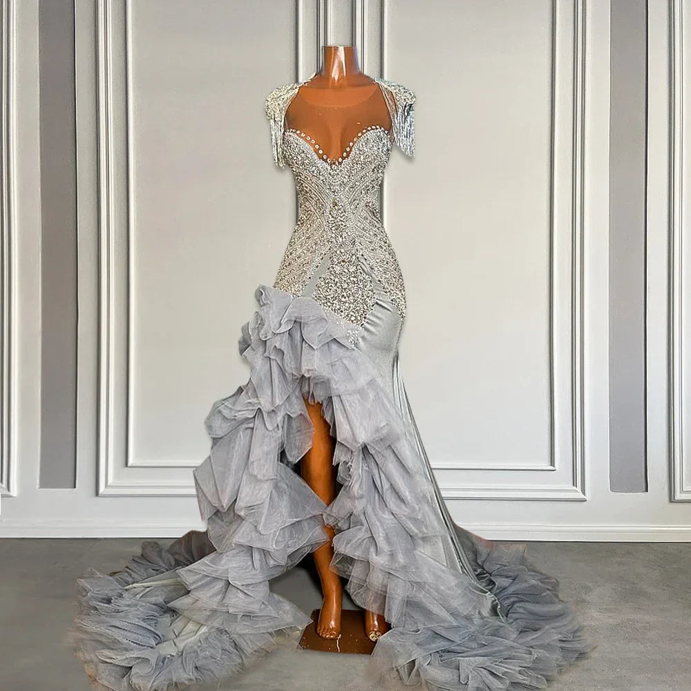 Clark Elegant Silver Long Prom Dresses with Ruffle Luxury Beaded Crystal Slit Gowns