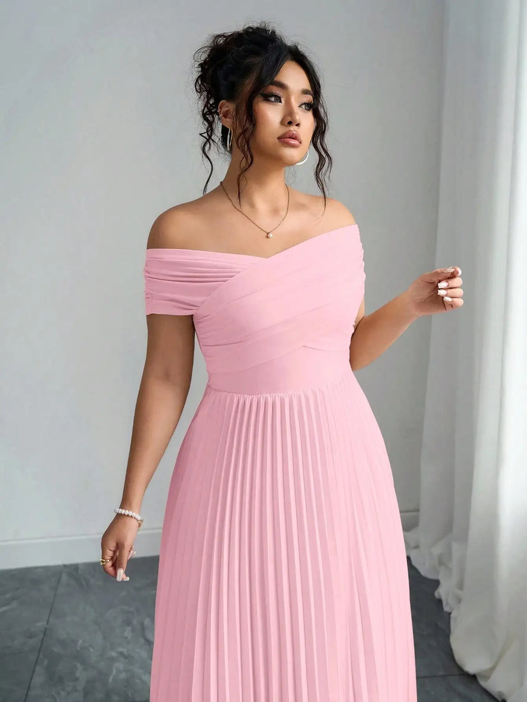 Candem Off Shoulder Pleated Soft Pink Crossover Neckline Maxi Dress