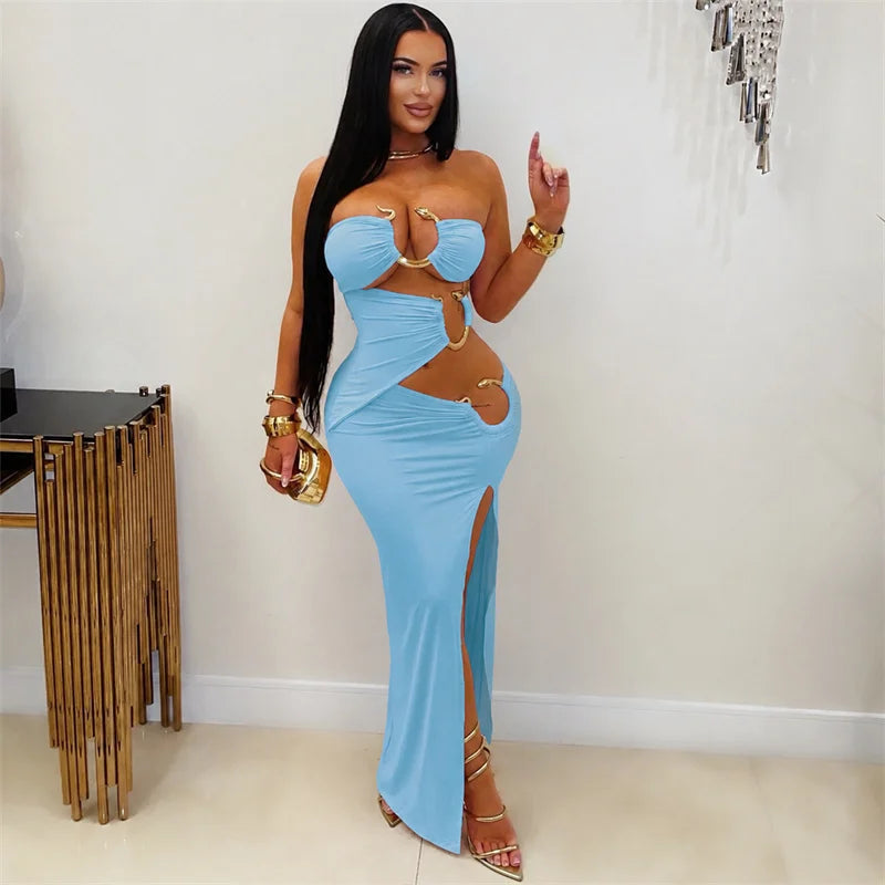 Alabama Metal Ring Bandage Strapless Night Hollow Out Bodycon Maxi Dress