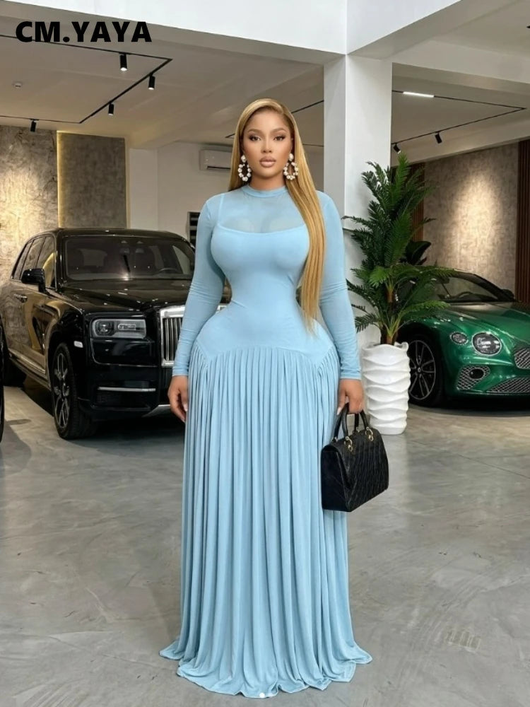 Tampa Bay O Neck Mesh Long Sleeve Pleated Maxi Long Dress
